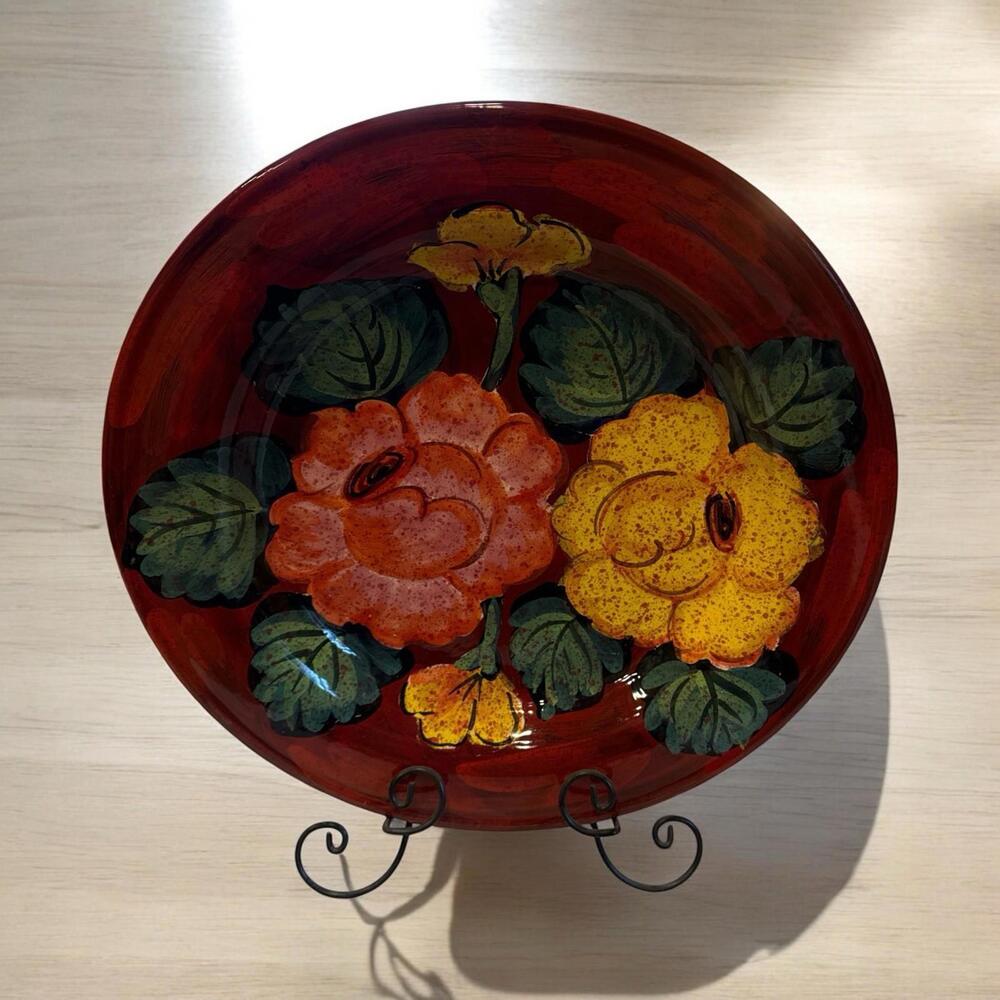 Vintage Sara  Hand painted Made in Italy Bowl Platter Can be Hung Floral 18"